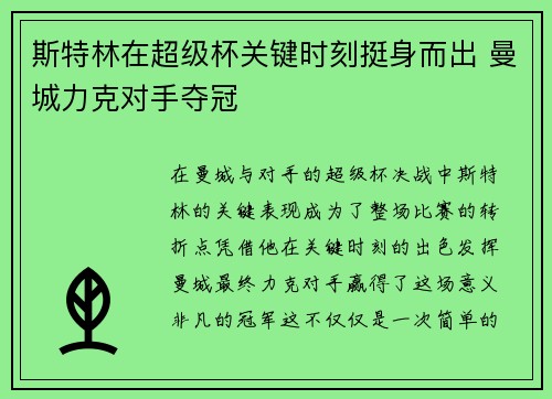 斯特林在超级杯关键时刻挺身而出 曼城力克对手夺冠