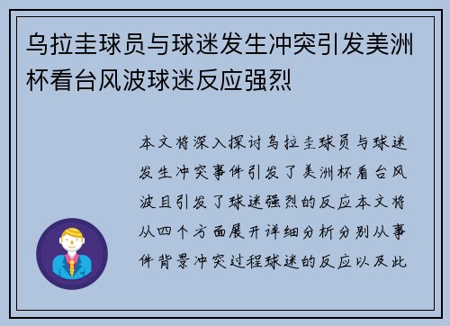 乌拉圭球员与球迷发生冲突引发美洲杯看台风波球迷反应强烈